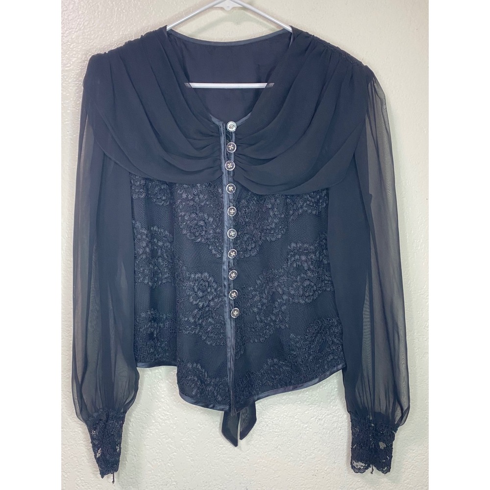 Black Lace Sheer Chiffon Margot Top Blouse Draped Collar Victorian Goth Blouse